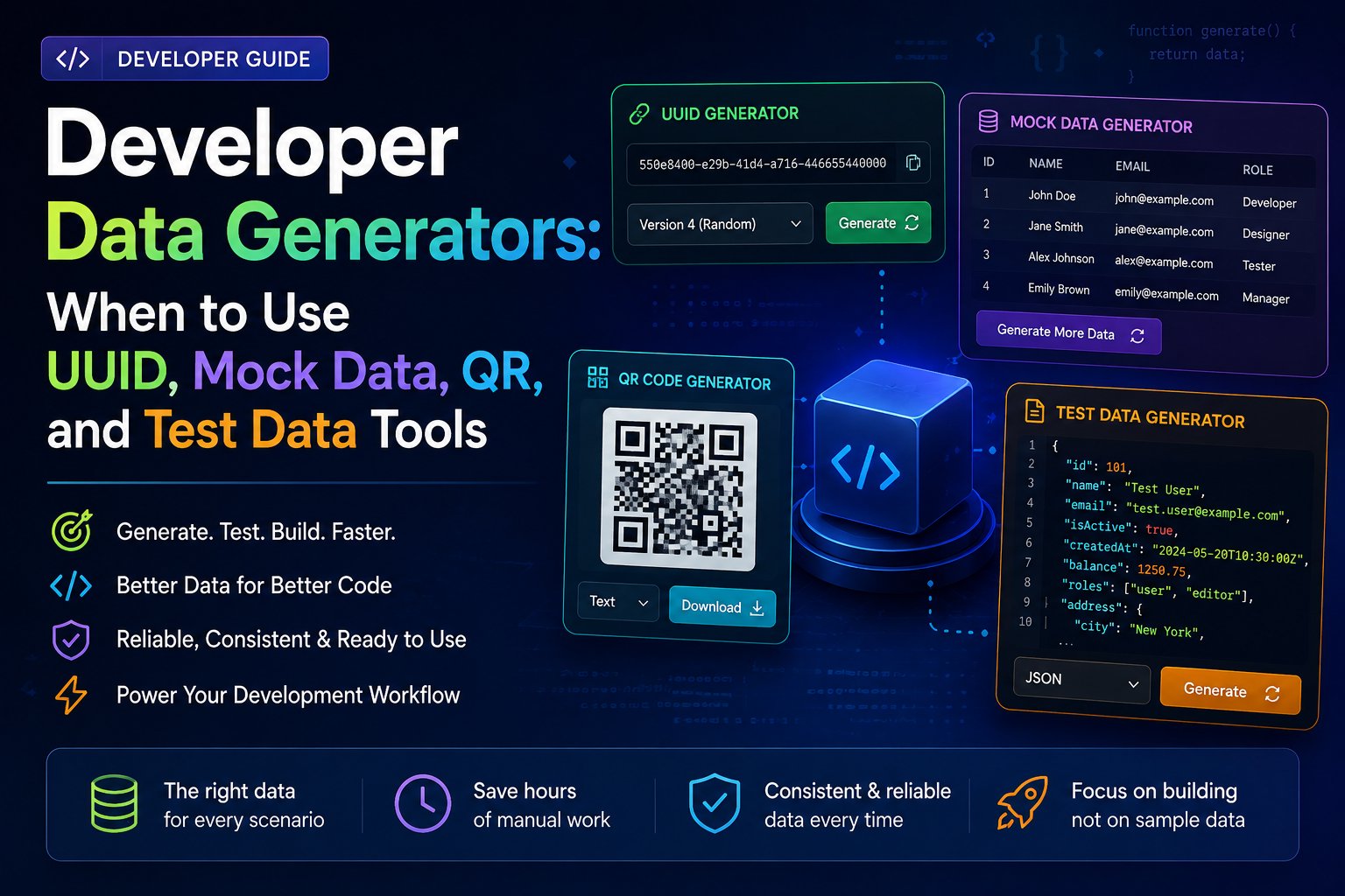 Developer Data Generators: When to Use UUID, Mock Data, QR, and Test Data Tools